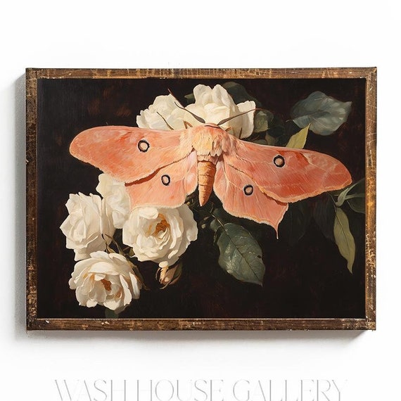 Pink Moth Moth Painting Print Pink Wall Art Vintage Moth Print Dark Cottagecore Wall Art Dark Academia Decor For Laundry Room Art