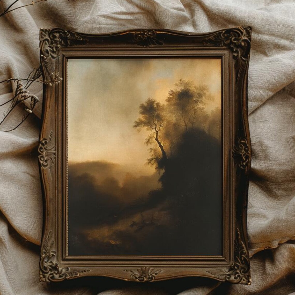 Moody Brown Forest Silhouettes at Dusk Vintage Landscape Poster