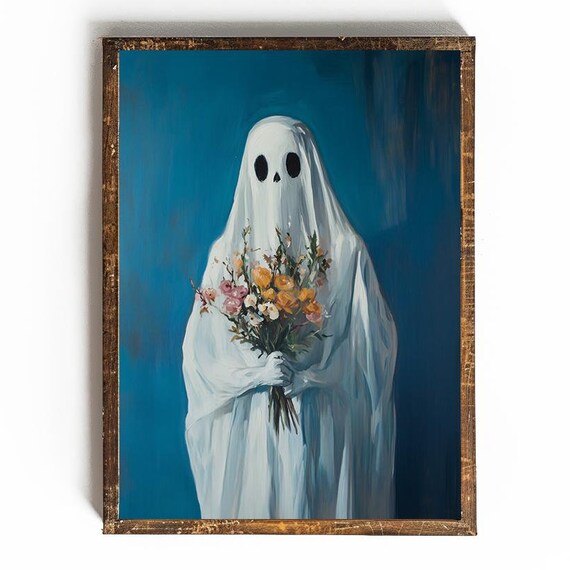 Cute Sheet Ghost Holding Wildflower Bouquet Bright Blue Art Poster