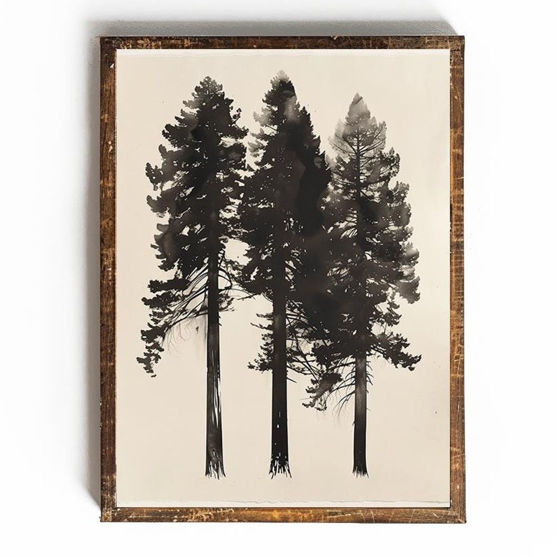 Three Tall Pine Trees Minimalist Black Ink Watercolor Poster