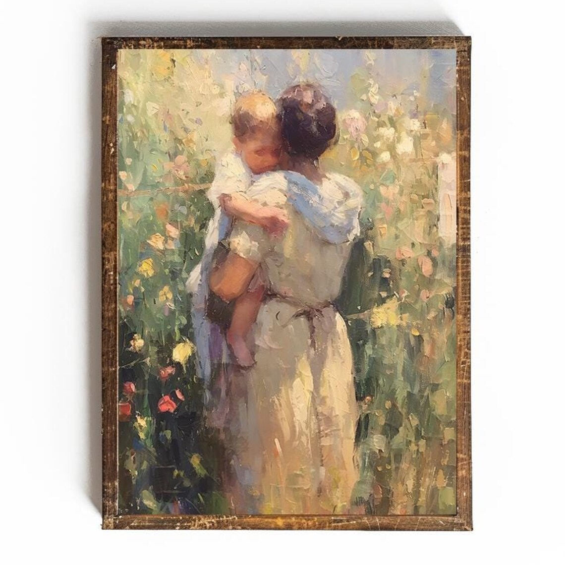 Mother Carrying Child Through Sunlit Flower Garden Painting Poster