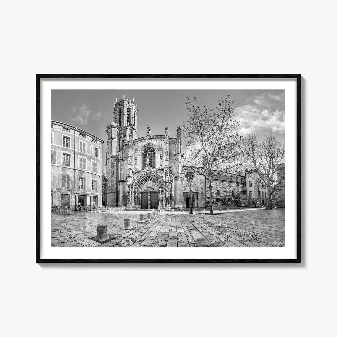 Aix En Provence France Cathedral Plaza Black White Photo Poster