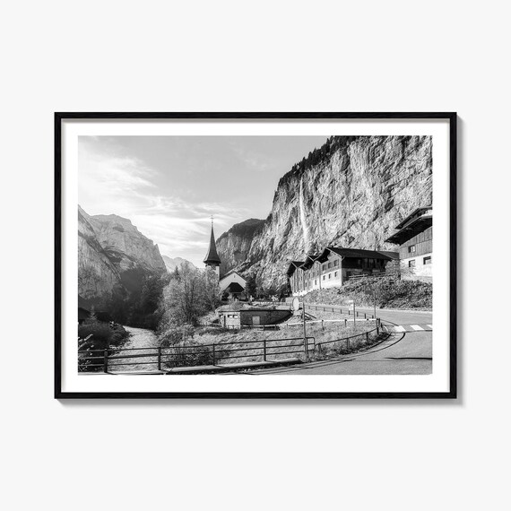 Lauterbrunnen Switzerland Alpine Village Church Black and White Poster