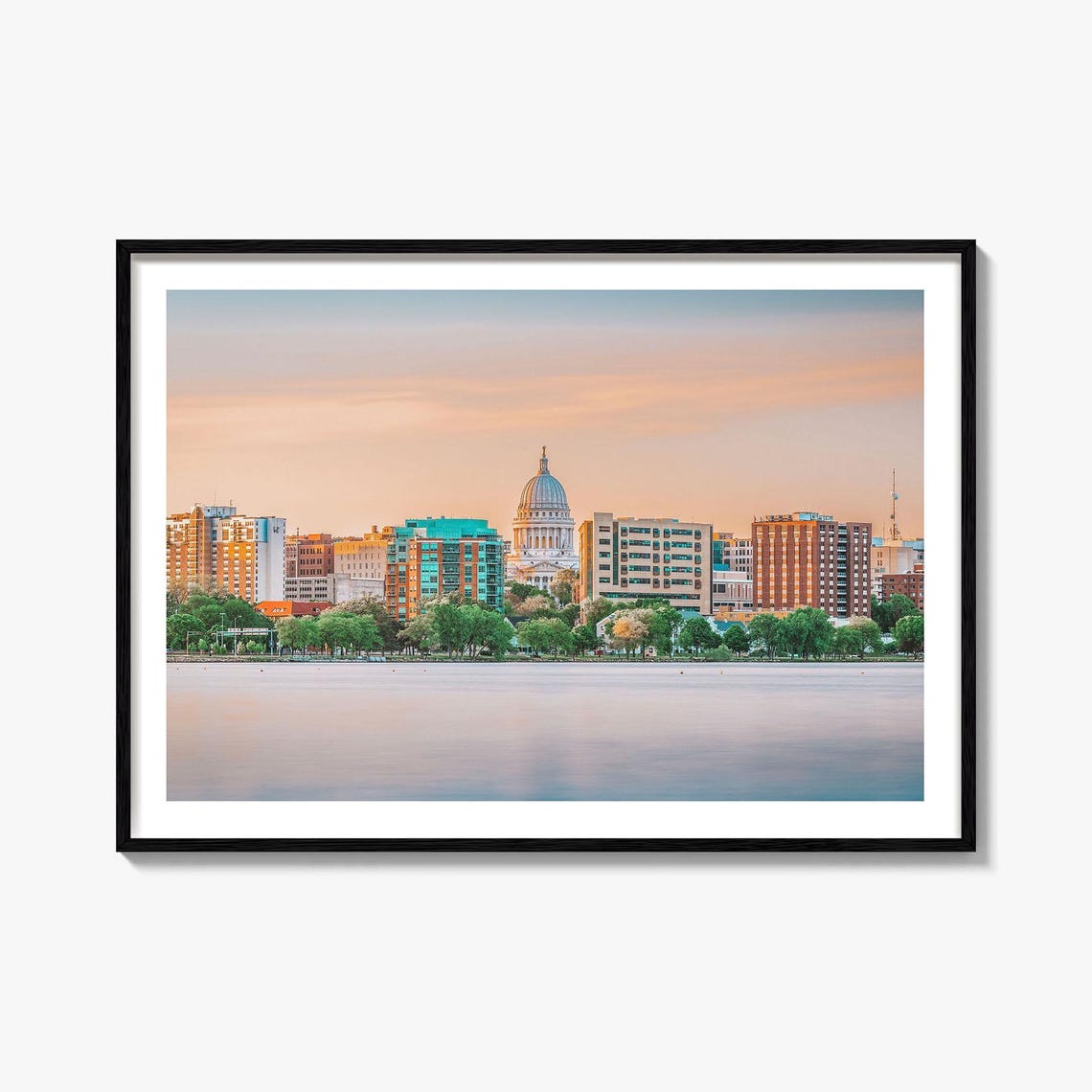 Madison Wisconsin State Capitol Skyline Over Lake Sunset Poster