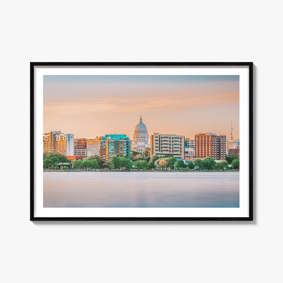 Madison Wisconsin State Capitol Skyline Over Lake Sunset Poster