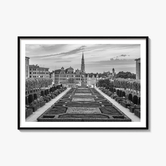 Brussels Belgium Mont Des Arts Garden Town Hall Black And White Poster