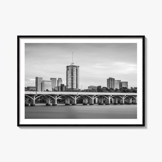 Tulsa Oklahoma Skyline Arkansas River Bridge Black And White Poster