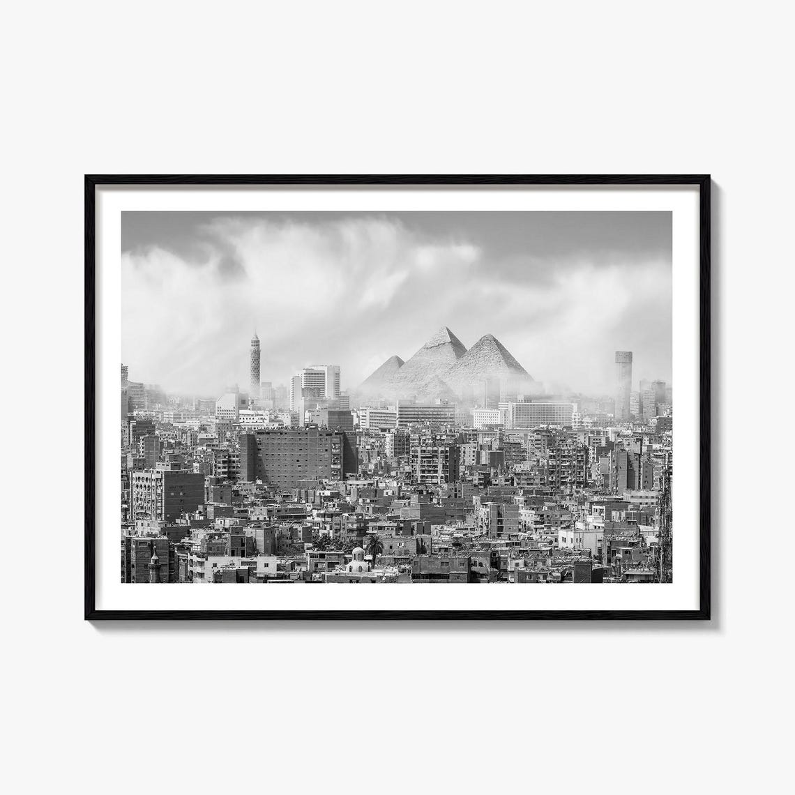 Cairo City Skyline With The Giza Pyramids Black And White Poster