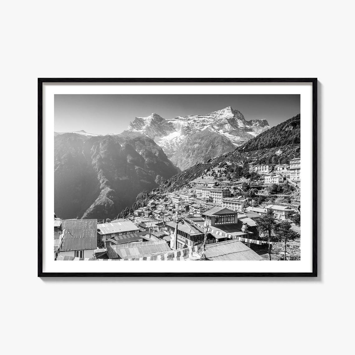 Nepal Himalayas Black White Mountain Village Snow Peaks Poster