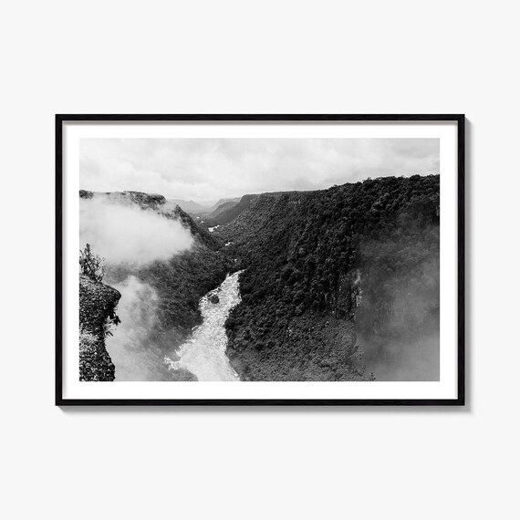 Guyana Rainforest Canyon Black and White Misty Jungle River Poster
