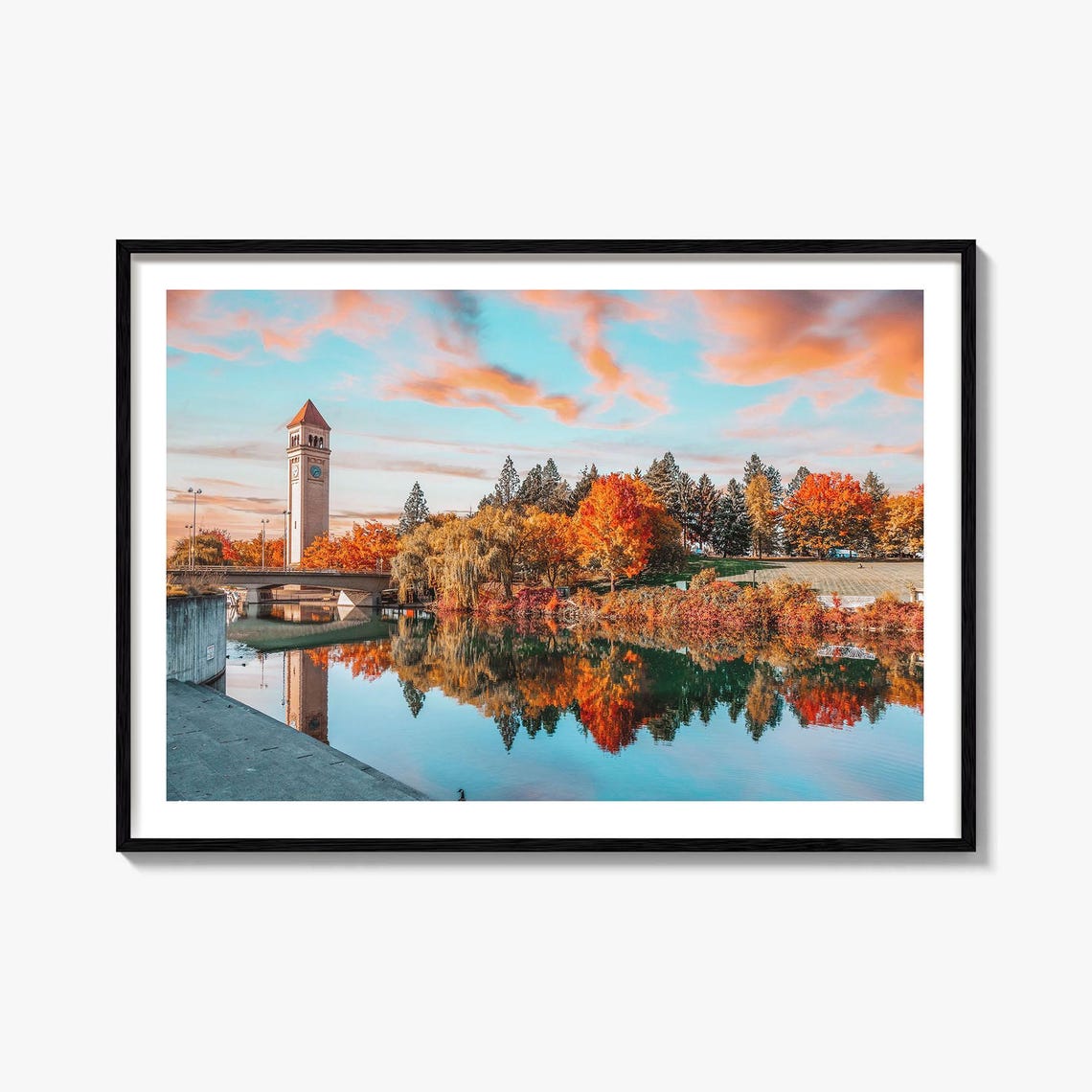 Spokane Washington Clock Tower River Falls Autumn Reflection Poster