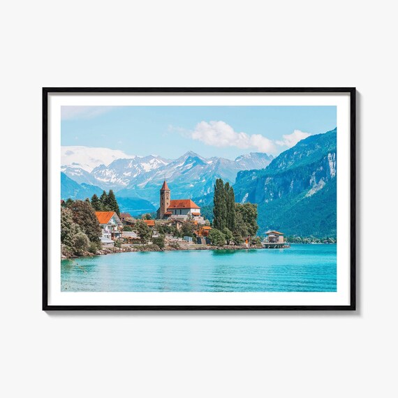 Switzerland Alpine Lakeside Village Church Mountain View Photo Poster