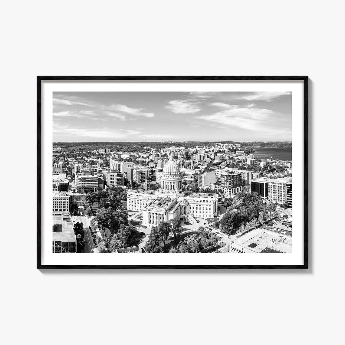 Madison Wisconsin State Capitol Black And White Aerial Photo Poster