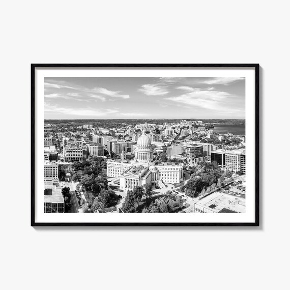 Madison Wisconsin State Capitol Black And White Aerial Photo Poster