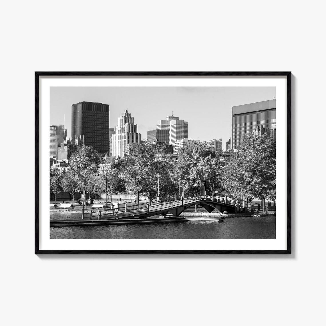 Montreal Old Port Skyline And Footbridge Black And White Poster