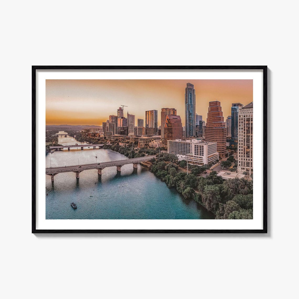 Austin Texas Downtown Skyline Sunset Over Colorado River Poster