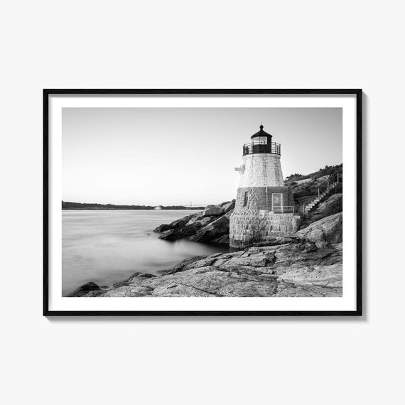 Rhode Island Lighthouse Rocky Coast Black and White Ocean Poster