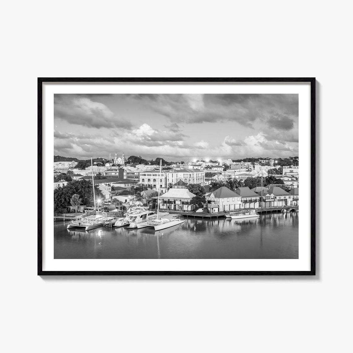Antigua Barbuda Black White Caribbean Harbor Boats Photo Poster