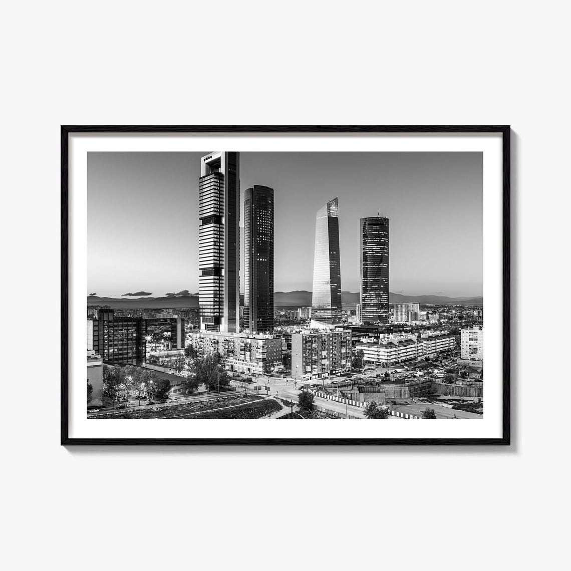 Madrid Spain Cuatro Torres Skyline At Dusk Black And White Poster