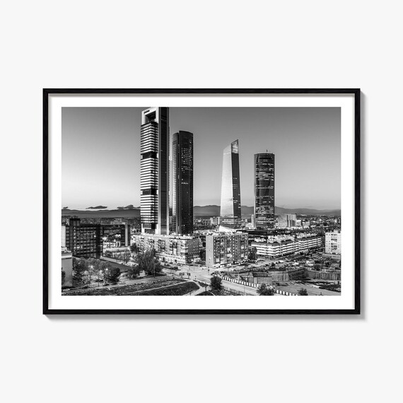 Madrid Spain Cuatro Torres Skyline At Dusk Black And White Poster