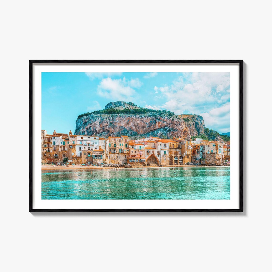 Sicily Cefalu Coast Rock Fortress Village Italy Turquoise Sea Poster