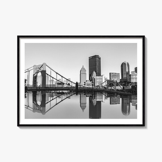 Pittsburgh Skyline Bridge City Reflection Black and White Poster
