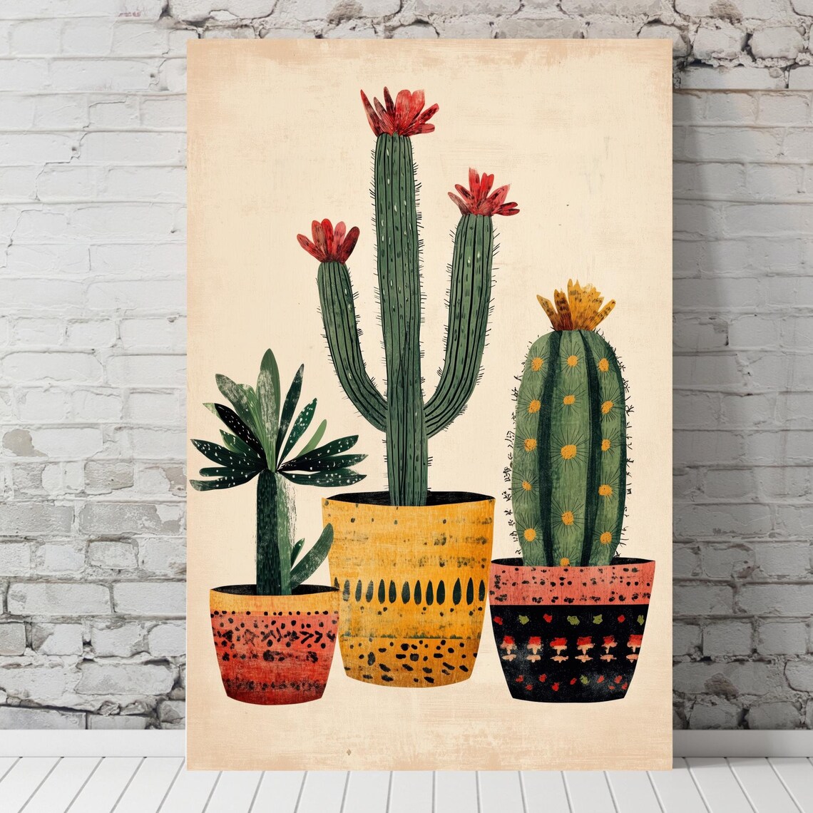 Boho Cactus Trio In Colorful Patterned Pots Desert Art Poster
