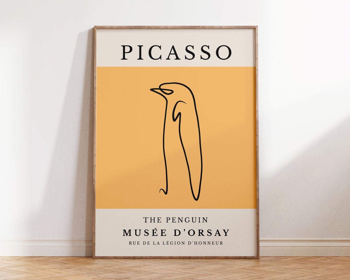 Picasso The Penguin Minimalist Line Art Yellow Museum Style Poster