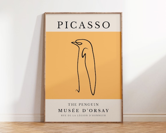 Picasso Penguin Line Art Print Minimalist Animal Sketch In Yellow Museum Exhibition Poster