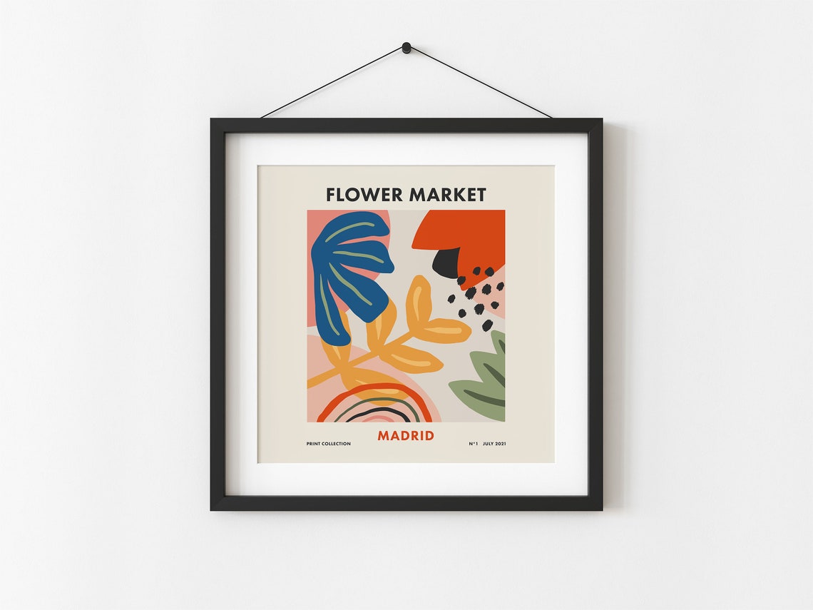 Flower Market Madrid Square Retro Abstract Botanical Art Poster