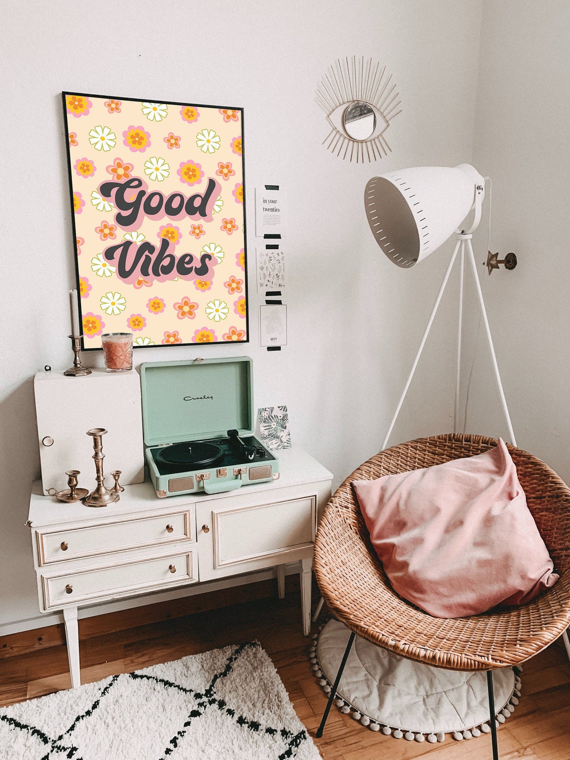 Good Vibes Groovy Floral Retro Daisy Typography Room Wall Poster - Image 2