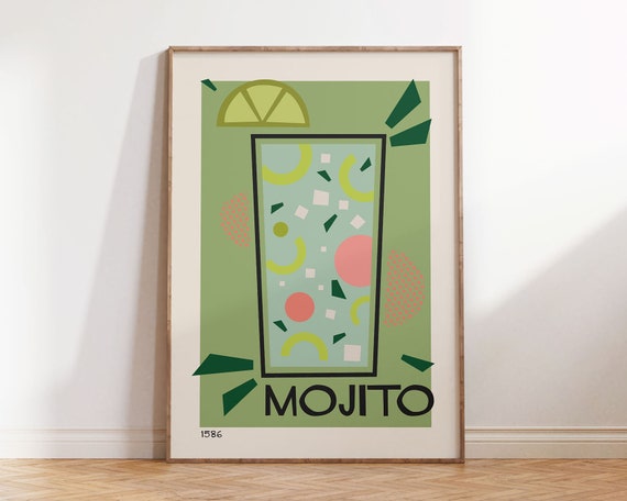 Mojito Retro Cocktail Poster, Kitchen Bar Cart Decor