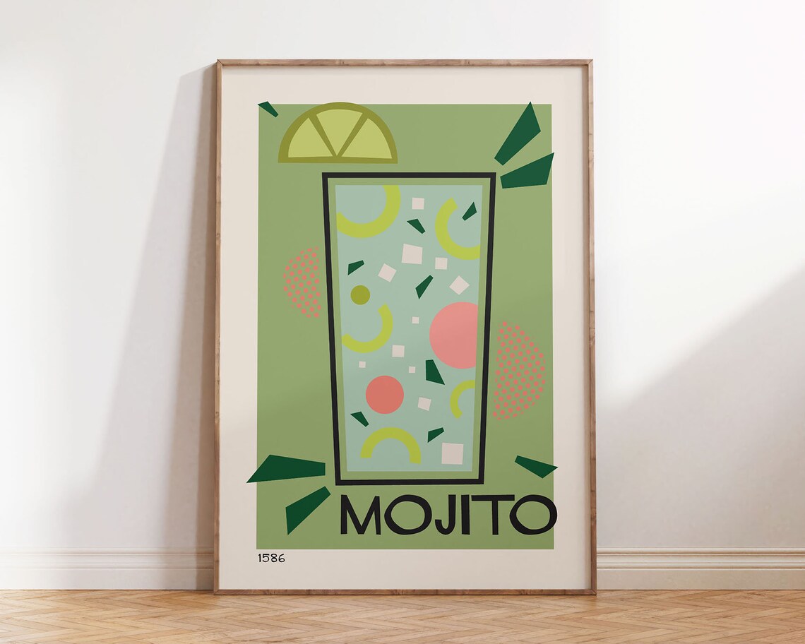 Mojito Retro Cocktail Poster, Kitchen Bar Cart Decor