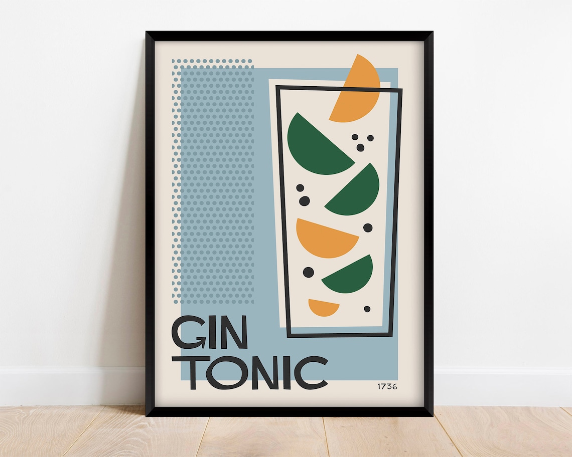 Gin Tonic Cocktail Art Print, Retro Bar Decor