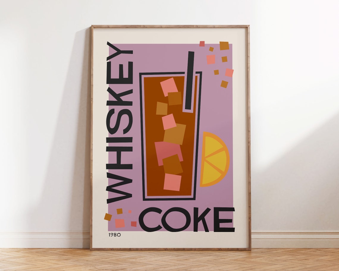 Whiskey Coke 1980 Retro Illustrated Cocktail Bar Cart Poster