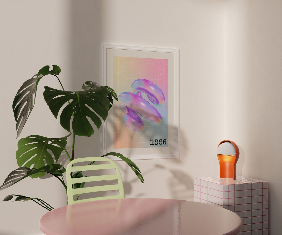 1996 Y2K Iridescent Pink Spiral Holographic 3D Abstract Art Poster - Image 3