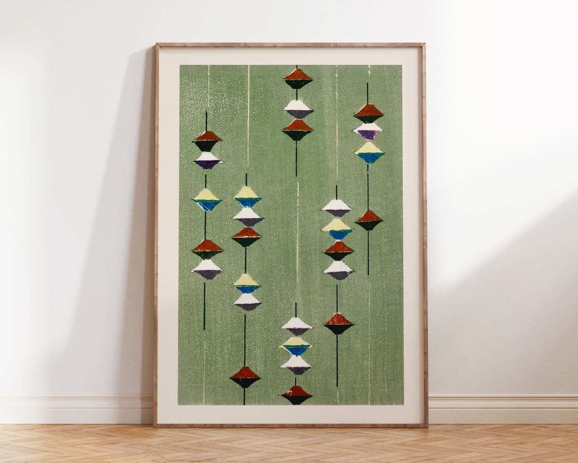 Sage Green Japanese Geometric Hanging Ornaments Retro Minimal Poster