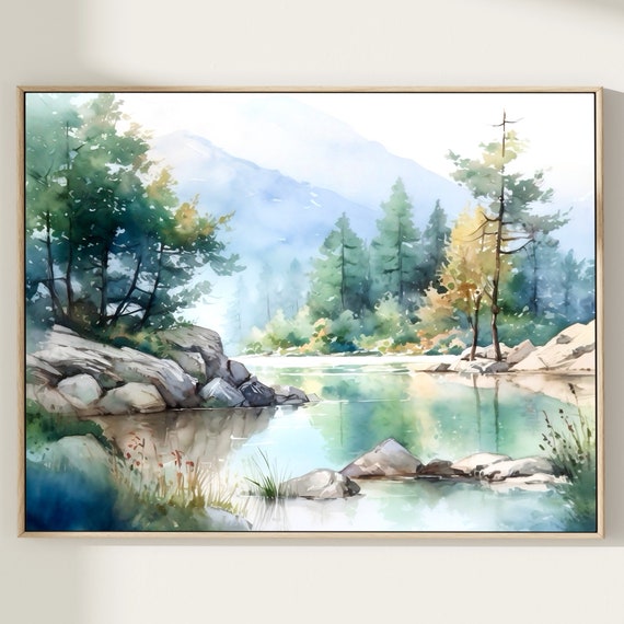 Mountain Landscape Watercolor Painting Art Print Mountain Lake Wall Art Home Decor Gift Art