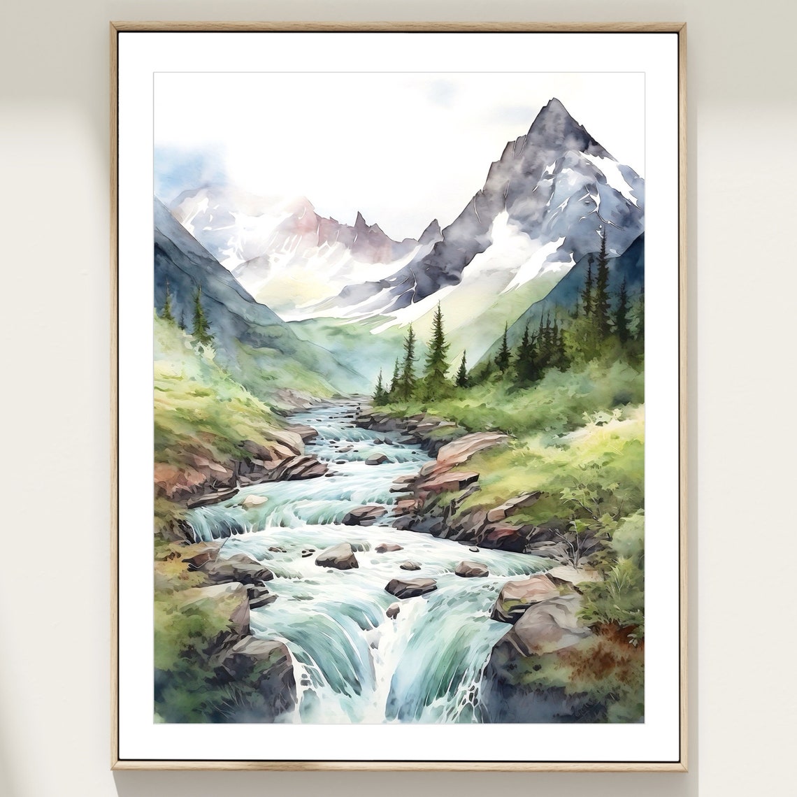 Mountain River Painting Print Pine Tree Wall Art Watercolor Landscape - Image 3
