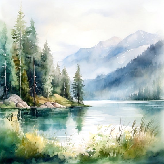 Lake Braies Watercolor Square Art Print Mountain Landscape Wall Art Painting Poster Home Decor Gift Art
