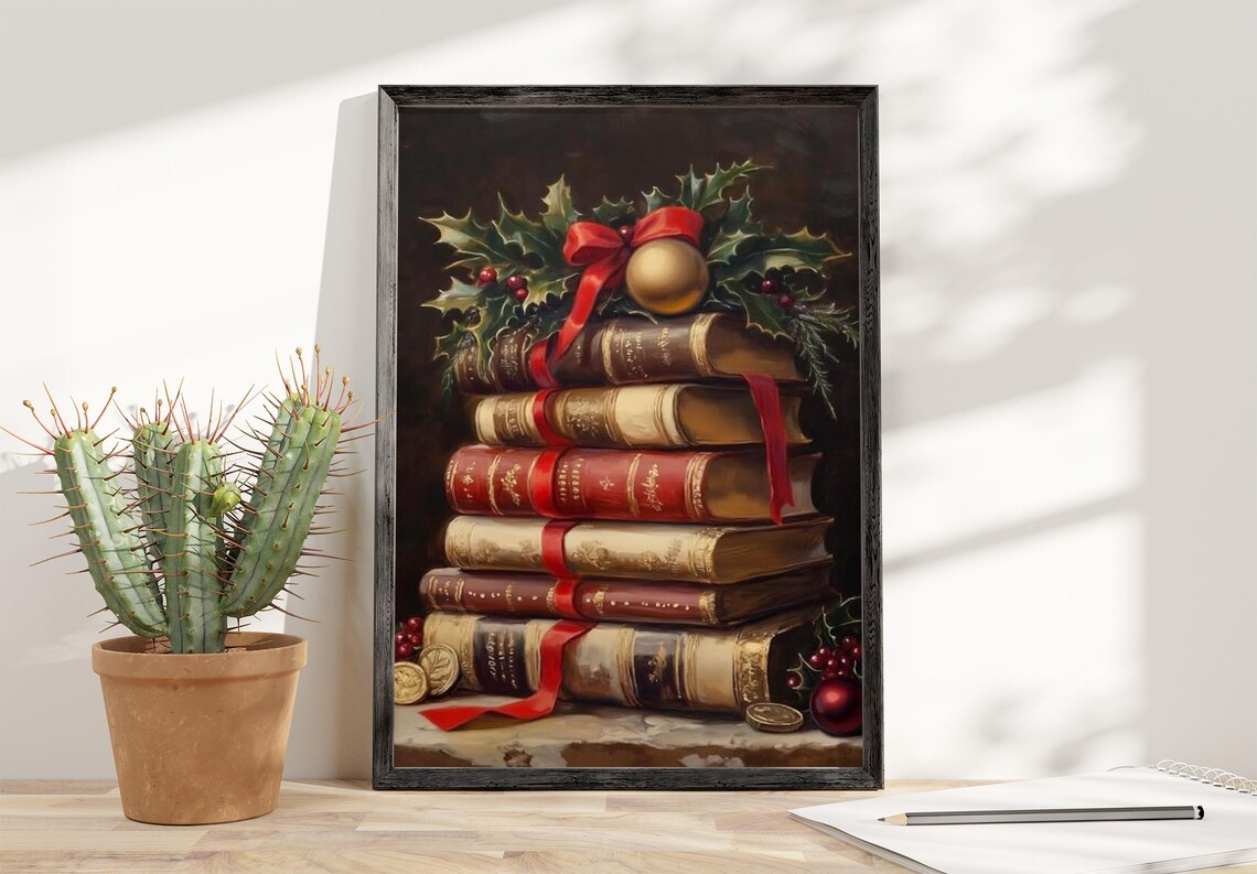 Stack of Vintage Christmas Books With Holly and Ribbon Art Poster - Image 4