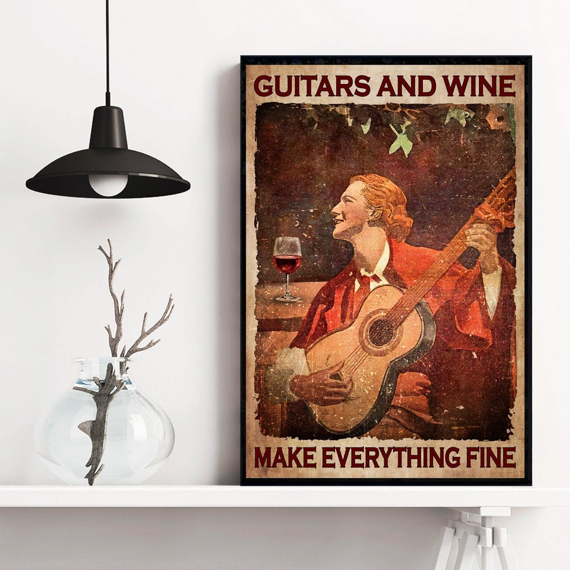 Guitars And Wine Make Everything Fine Vintage Musician Poster - Image 3