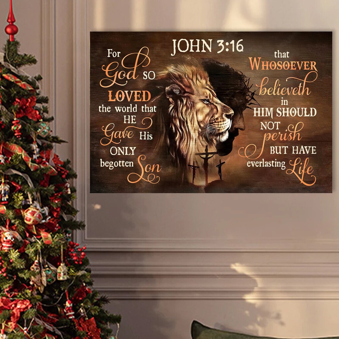 John 3:16 Lion and Jesus Double Portrait Christian Faith Poster - Image 2
