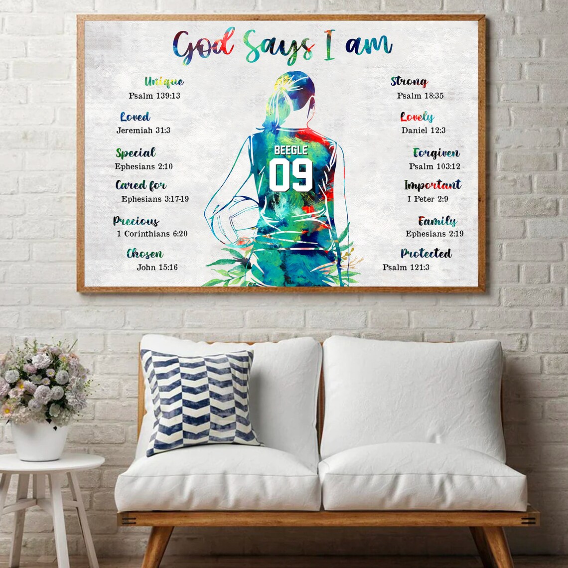 God Says I Am Personalized Volleyball Faith Watercolor Canvas Print - Image 3