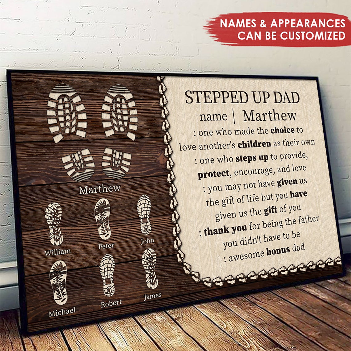 Stepped Up Bonus Dad Definition Footprints Rustic Gift Poster - Image 4