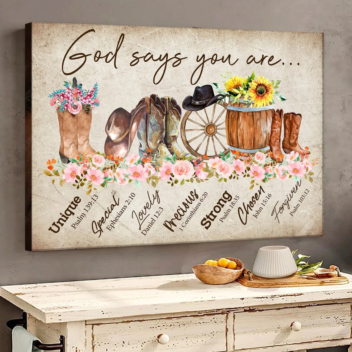 Cowgirl Boots Hat Wagon Wheel Bible Verse Affirmations Poster