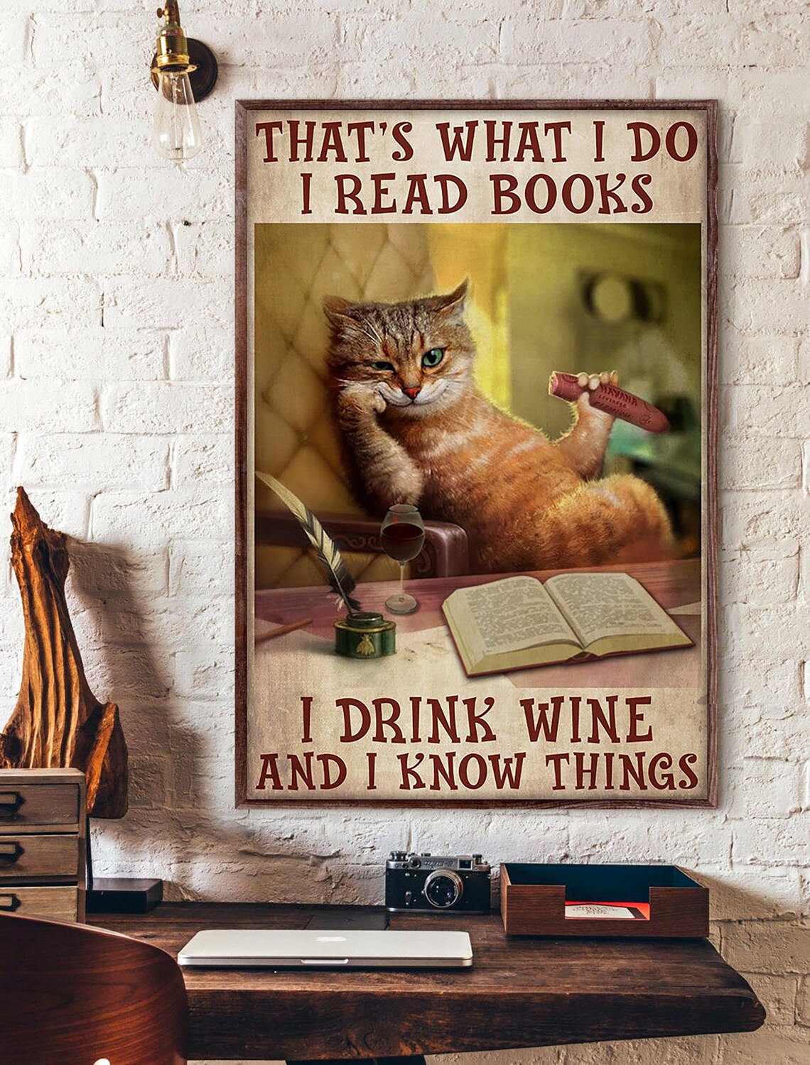 That Is What I Do I Read Books Drink Wine Funny Vintage Cat Poster - Image 4