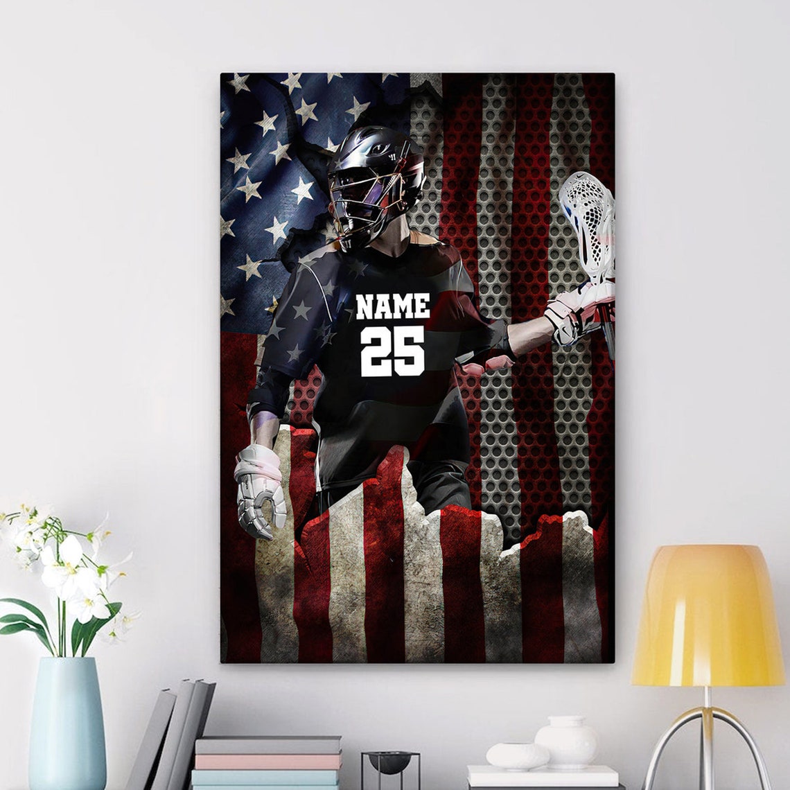 Personalized Lacrosse Poster Lacrosse Player Us Flag Wall Art Custom Name Number Home Decor For Son Boy Men - Image 2