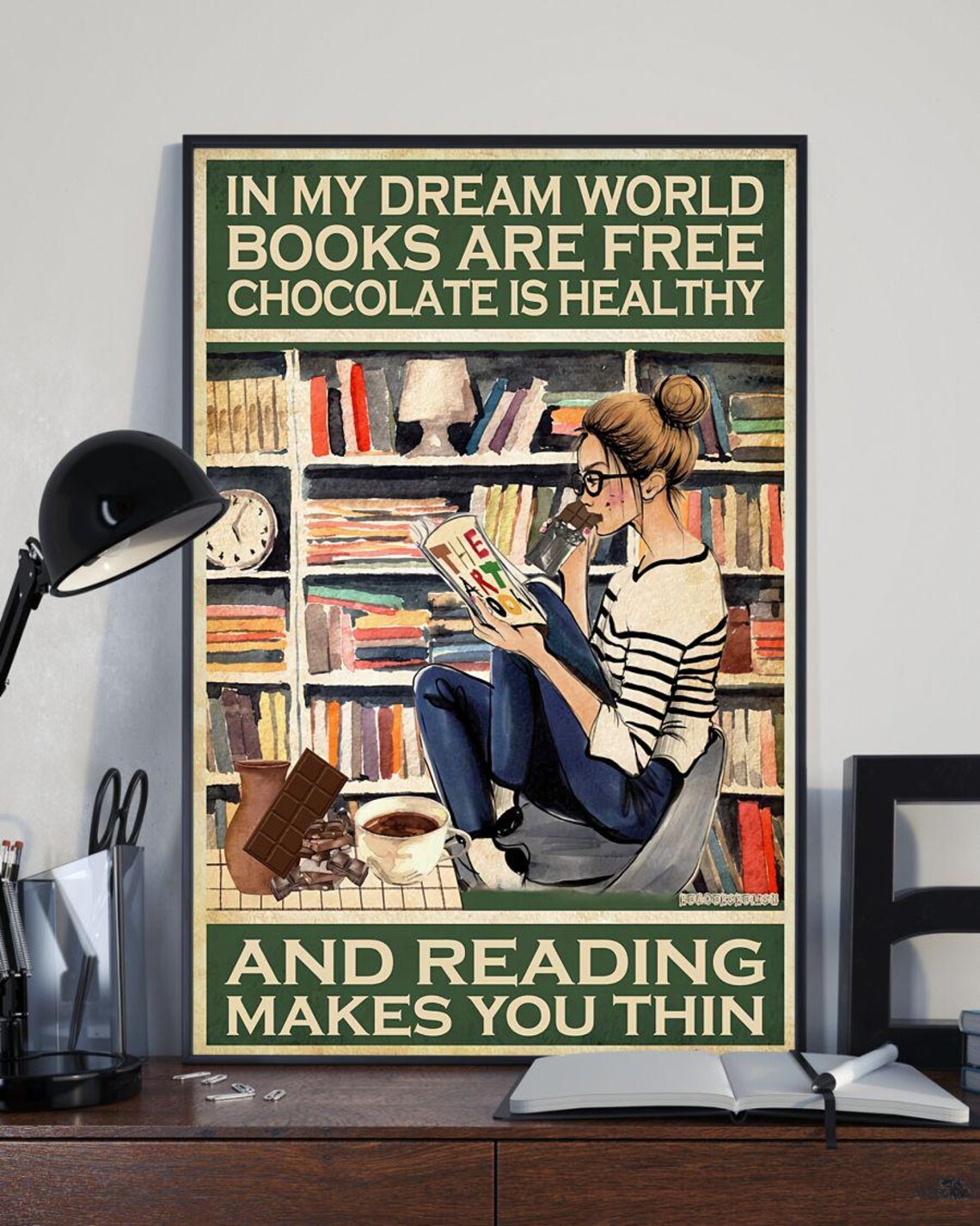 In My Dream World Books Are Free Reading Girl Vintage Quote Poster - Image 2