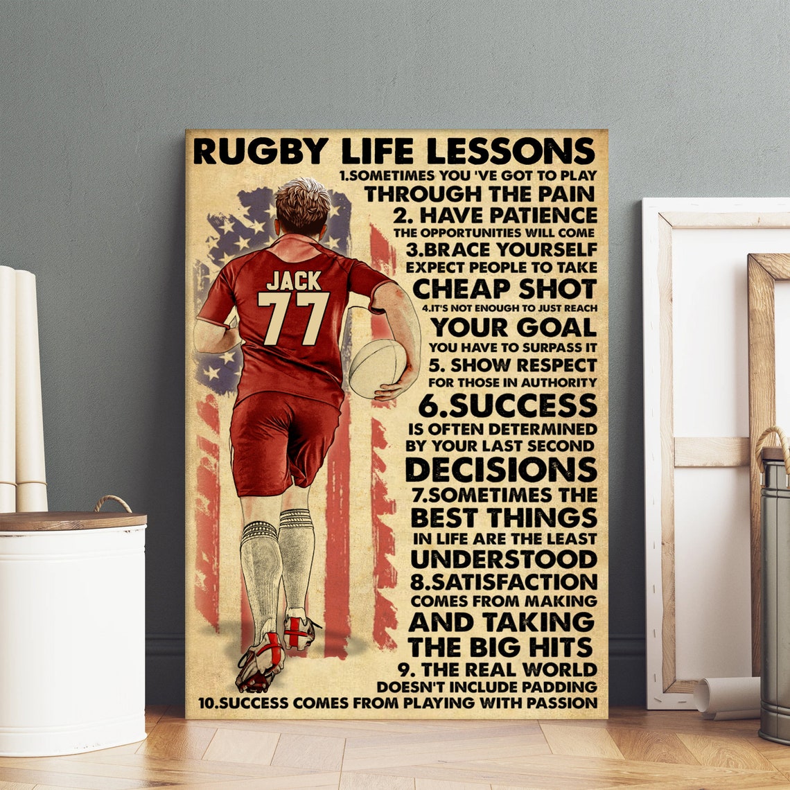 Rugby Life Lessons 10 Rules Vintage Player American Flag Poster - Image 4